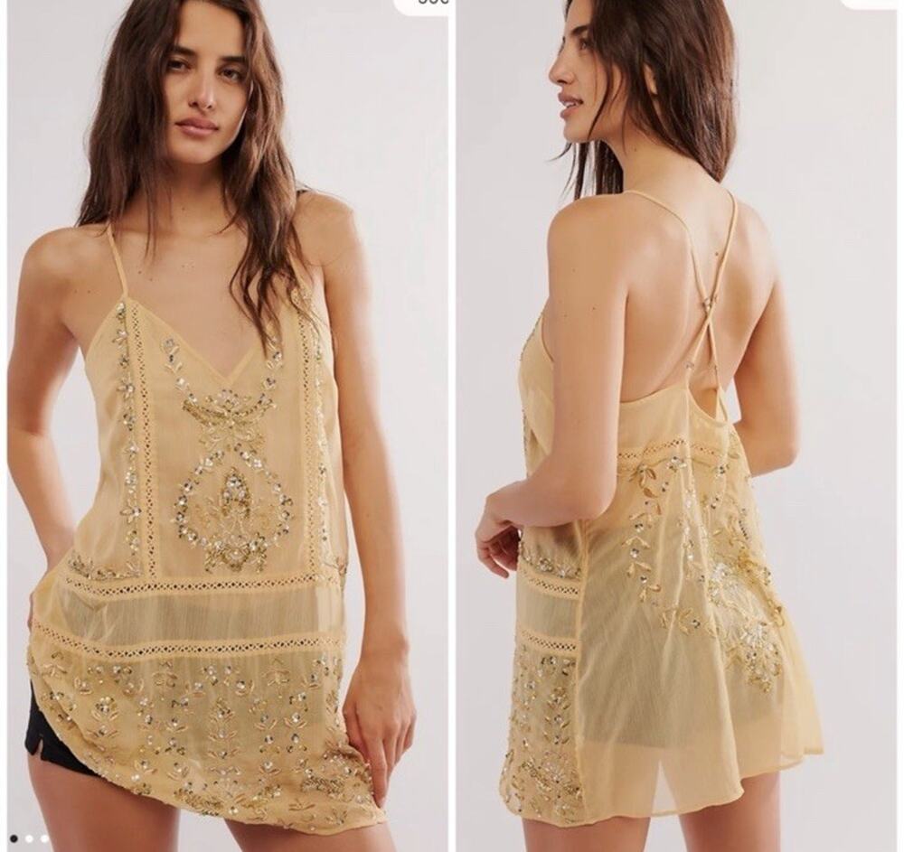 Intimately Free People Gold Combo Sequined Starstruck mini slip dress Top Sz S
